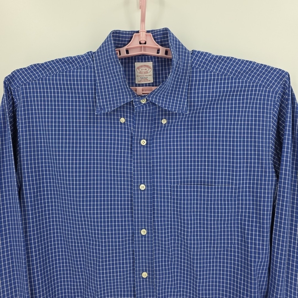 Brooks Brothers Men's Blue White Check Cotton Long Sleeve Button Down 17-35 - Picture 2 of 8